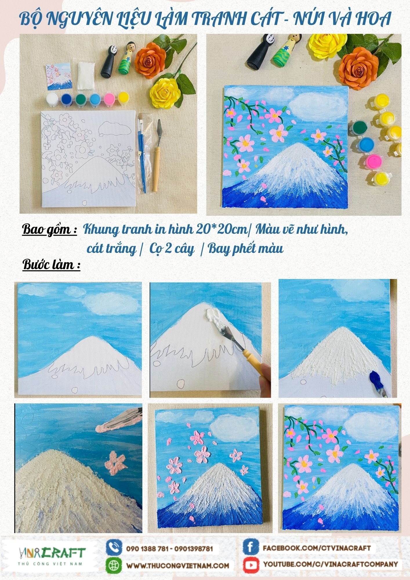 Bộ nguyên liệu làm tranh cát- Núi và hoa (20*20cm)